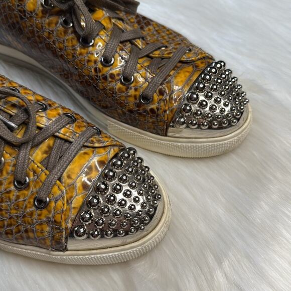 Miu Miu Yellow Python Print Leather Studded Toe Cap Sneakers - Picture 2 of 11